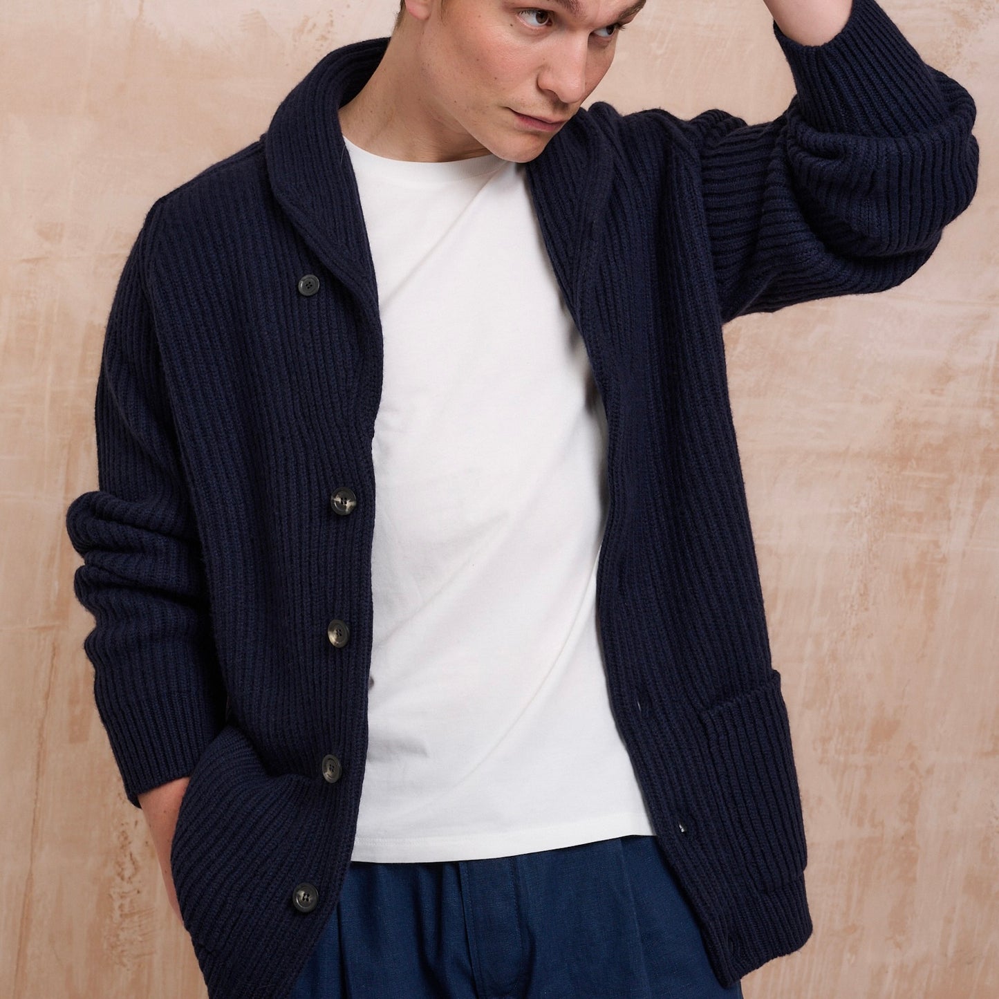 Ribbed Shawl Collar Cashmere Cardigan - Dark Navy