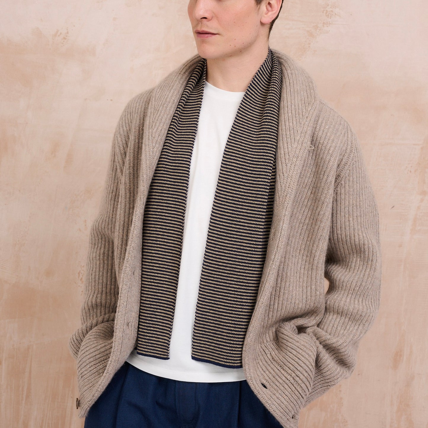 Ribbed Shawl Collar Cashmere Cardigan - Natural Marl