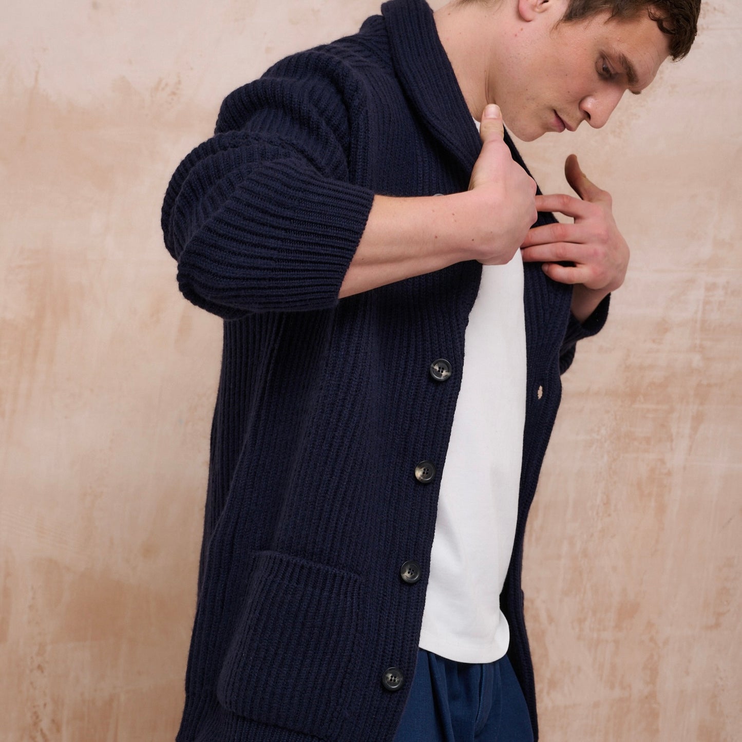Ribbed Shawl Collar Cashmere Cardigan - Dark Navy