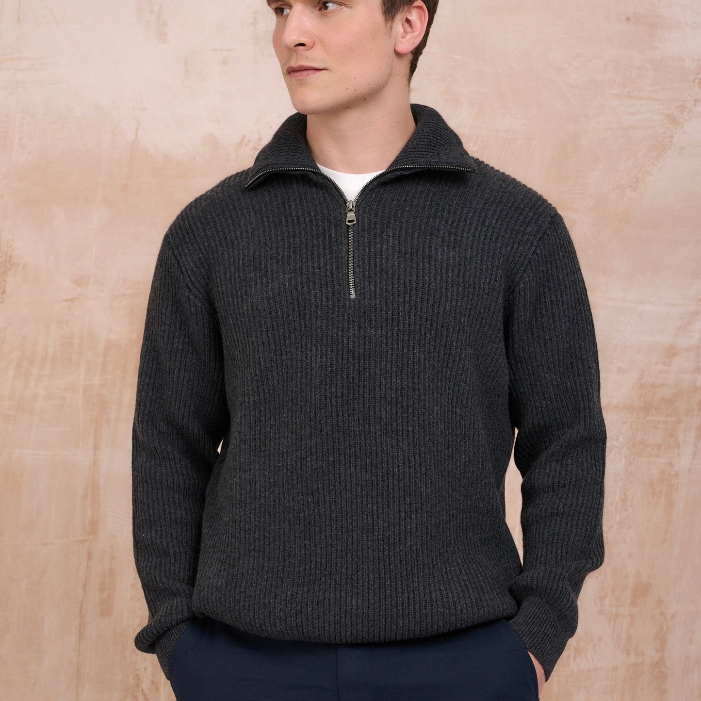 Ribbed Cashmere Half Zip High Neck Jumper - Charcoal