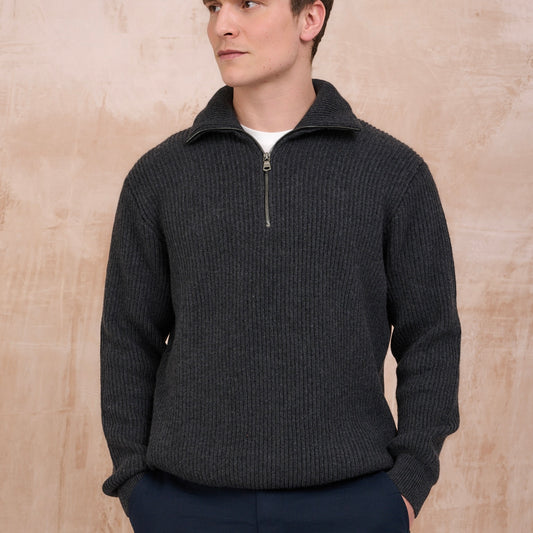 Ribbed Cashmere Half Zip High Neck Jumper - Charcoal