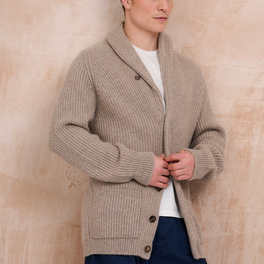 Ribbed Shawl Collar Cashmere Cardigan - Natural Marl