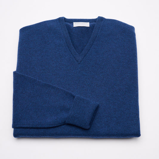 Luxury Classic 4 Ply V Neck Jumper - Coby Blue