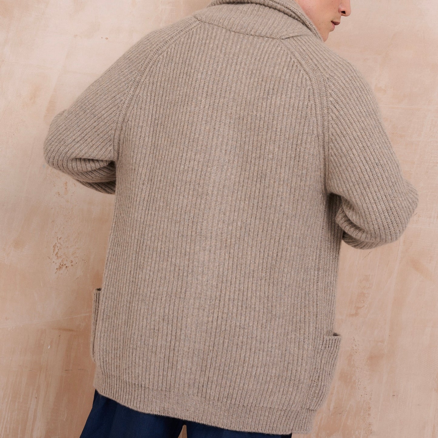 Ribbed Shawl Collar Cashmere Cardigan - Natural Marl