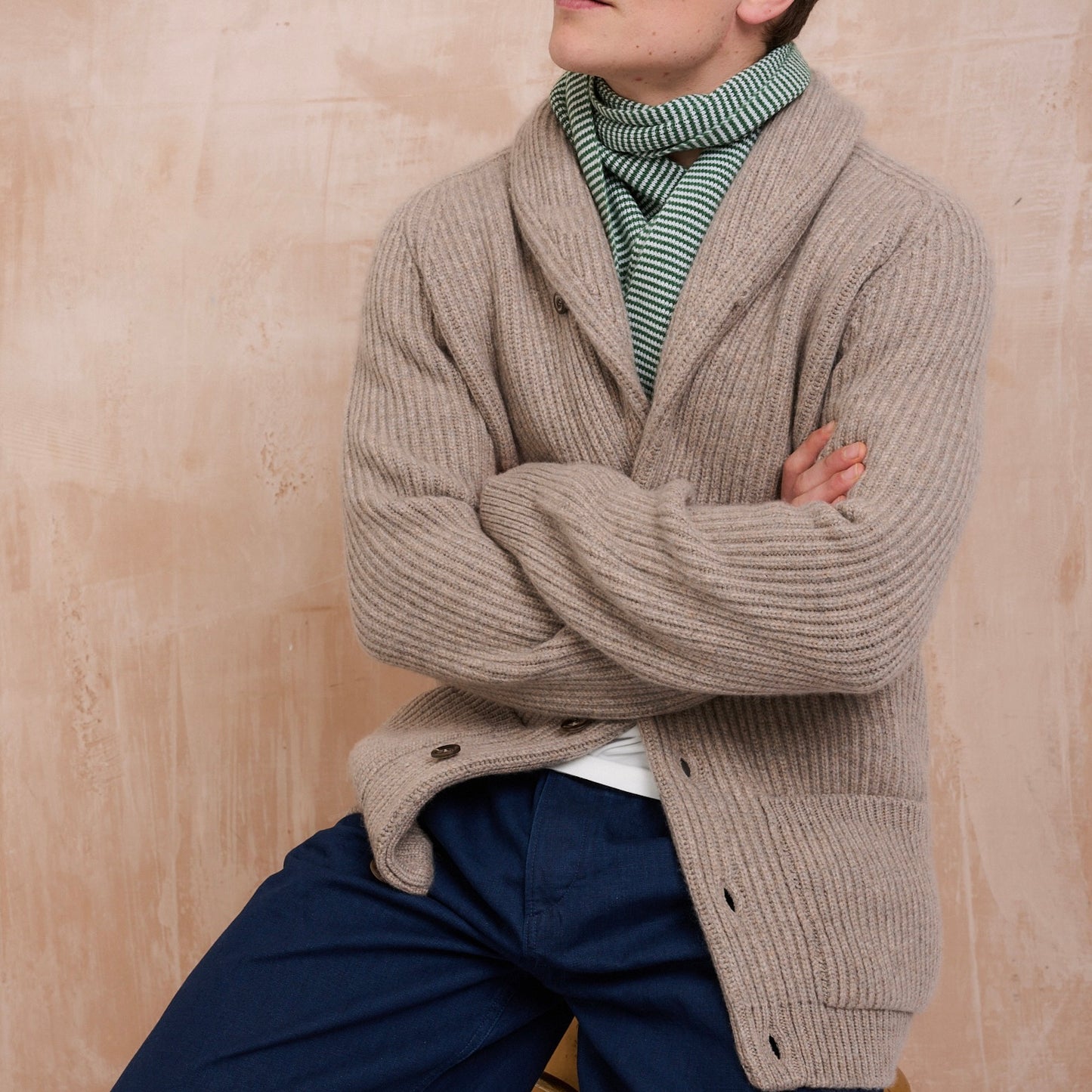 Ribbed Shawl Collar Cashmere Cardigan - Natural Marl
