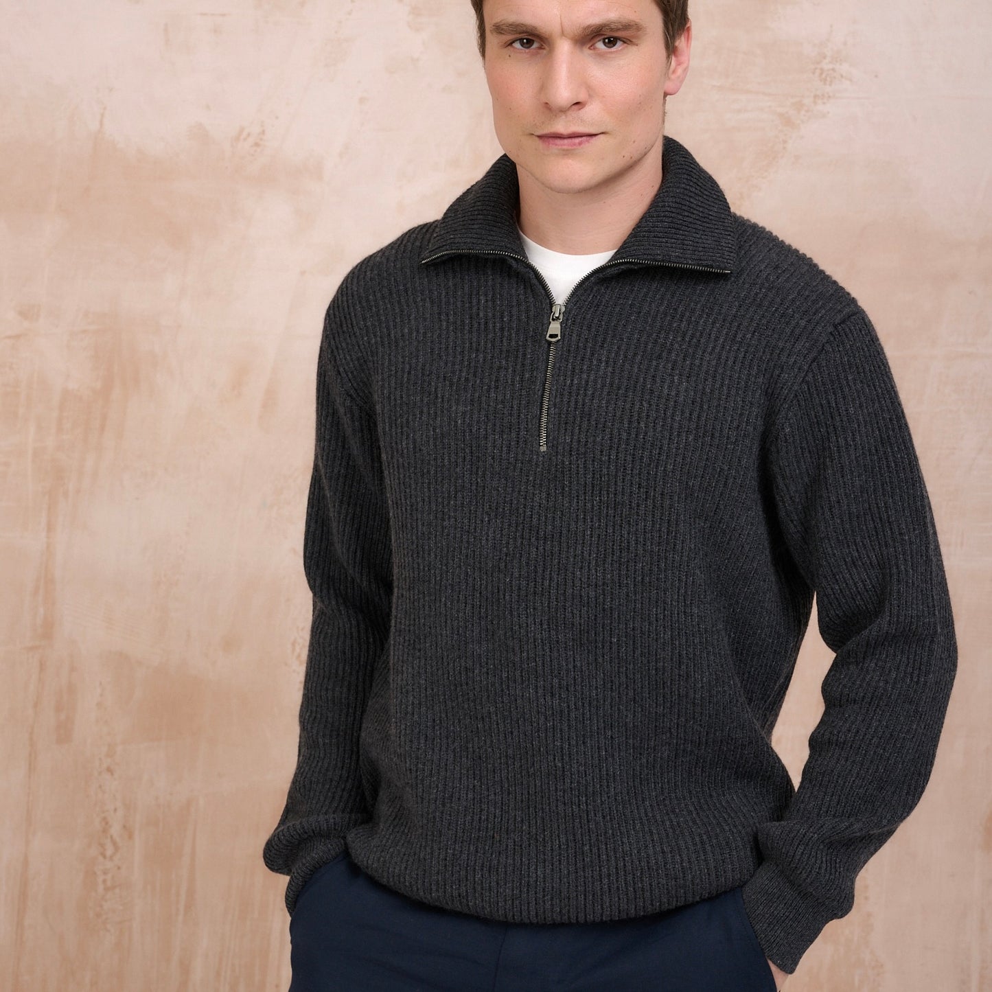 Ribbed Cashmere Half Zip High Neck Jumper - Charcoal