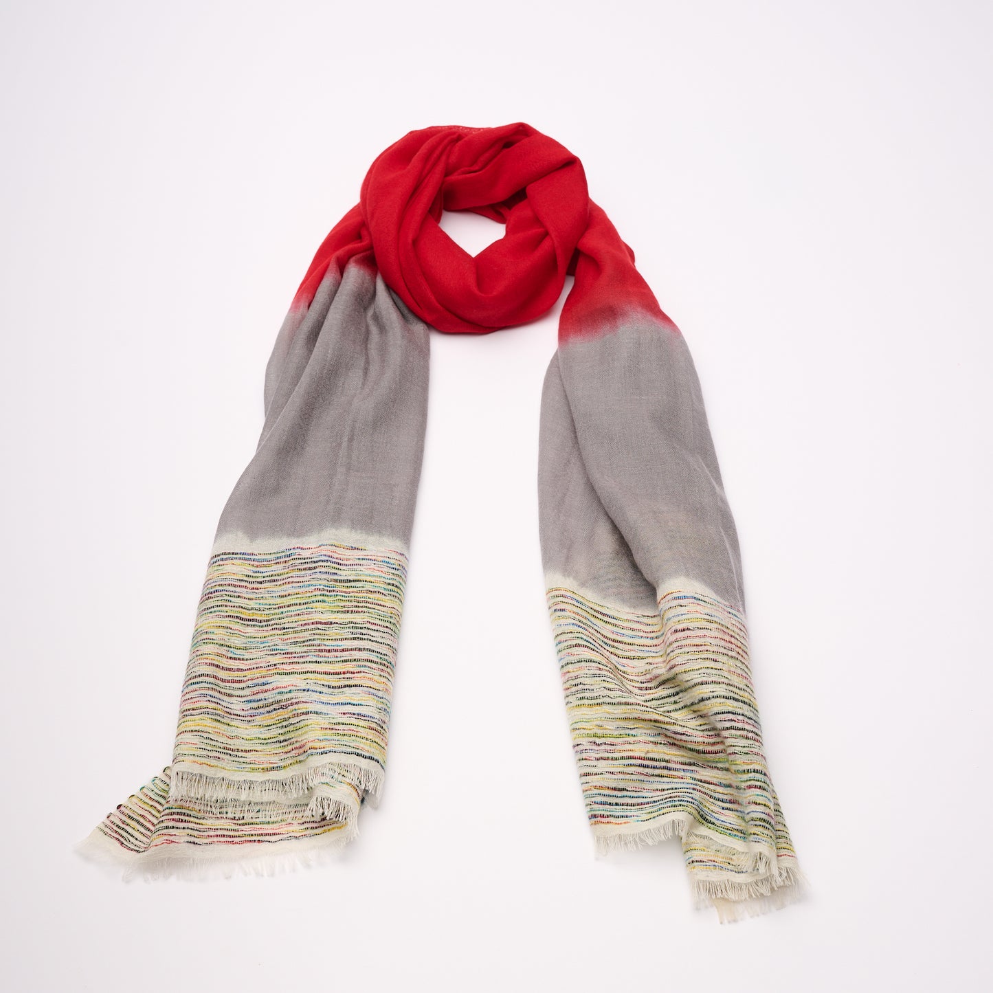 Handwoven Cashmere Shawl - Red & Grey with Multicoloured End