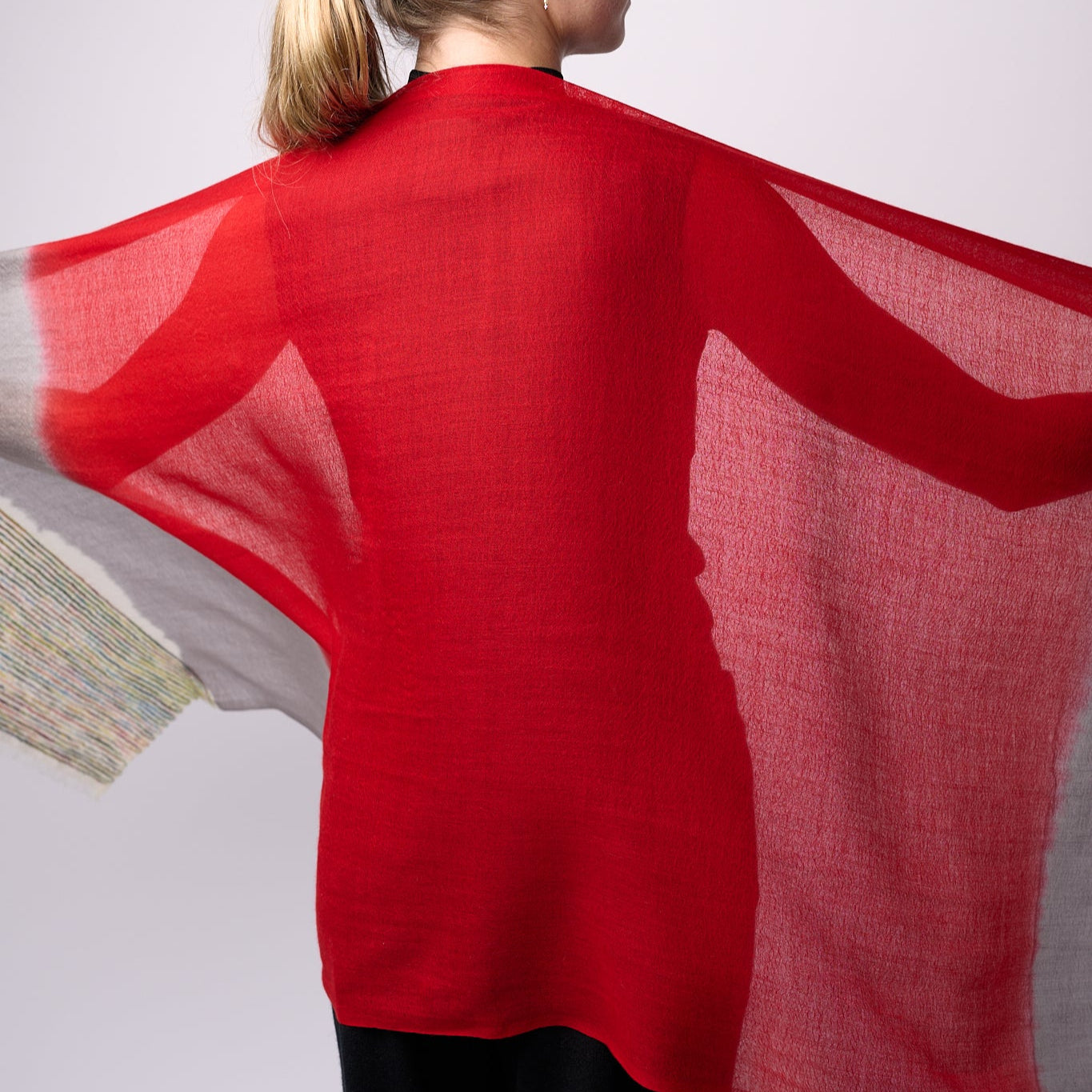 Handwoven Cashmere Shawl - Red & Grey with Multicoloured End