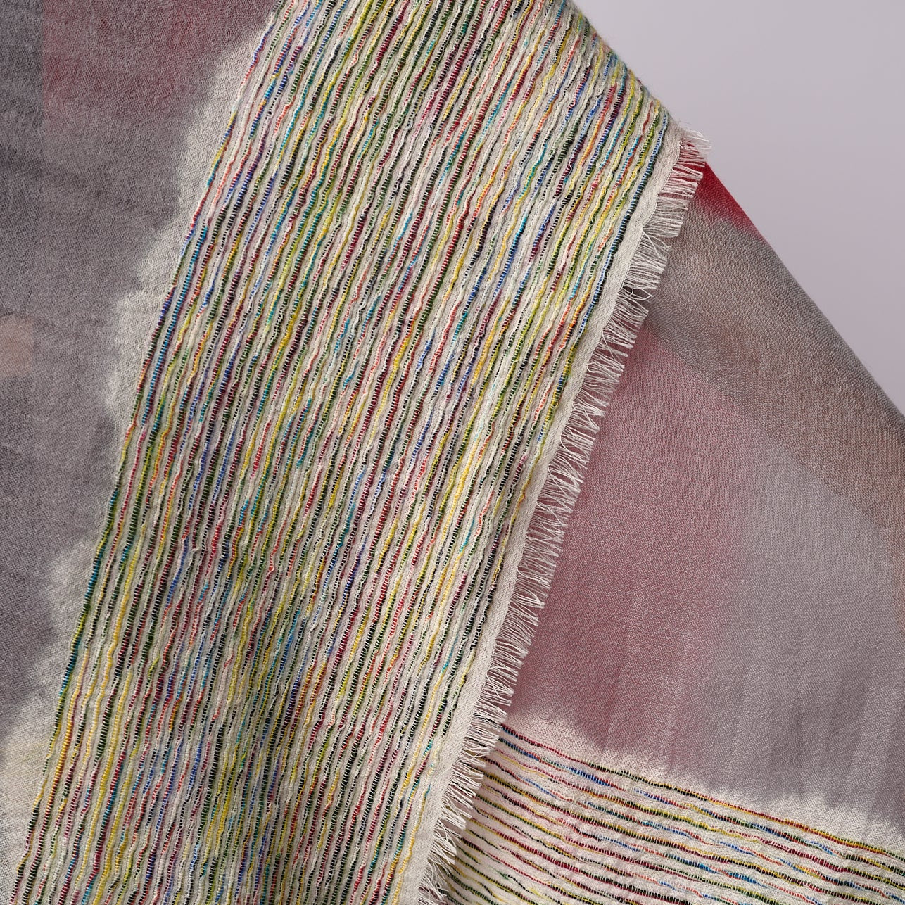 Handwoven Cashmere Shawl - Red & Grey with Multicoloured End
