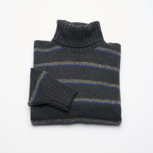 Oversized Cashmere 8 Ply Roll Neck - Charcoal Stripes