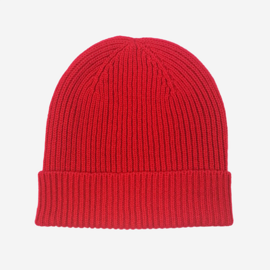 Red Cashmere Ribbed Beanie